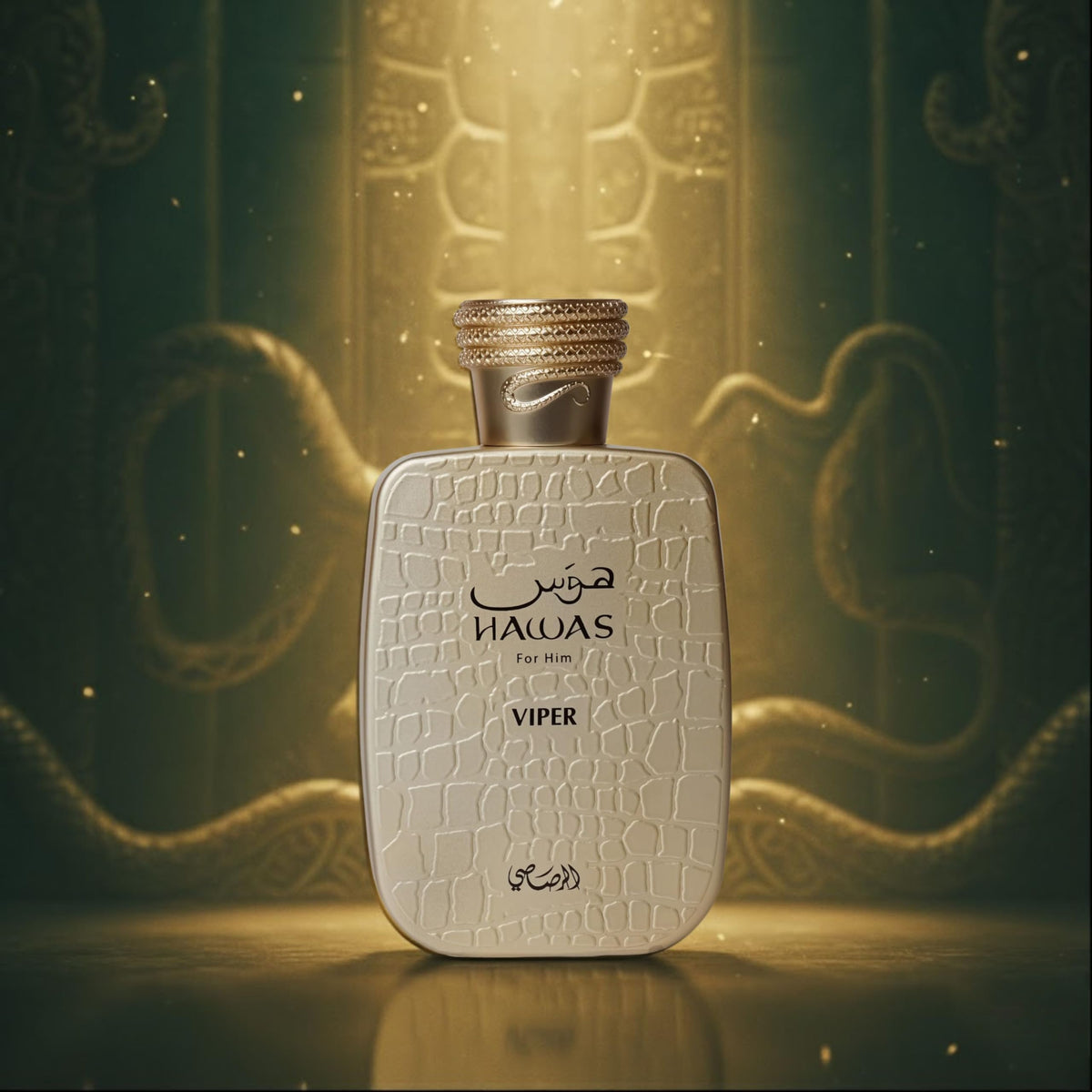 RASASI Hawas Viper liquid swirl in glass evokes amber warmth and depth.