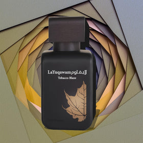 Rasasi La Yuqawam Tobacco Blaze spray bottle in evening setting