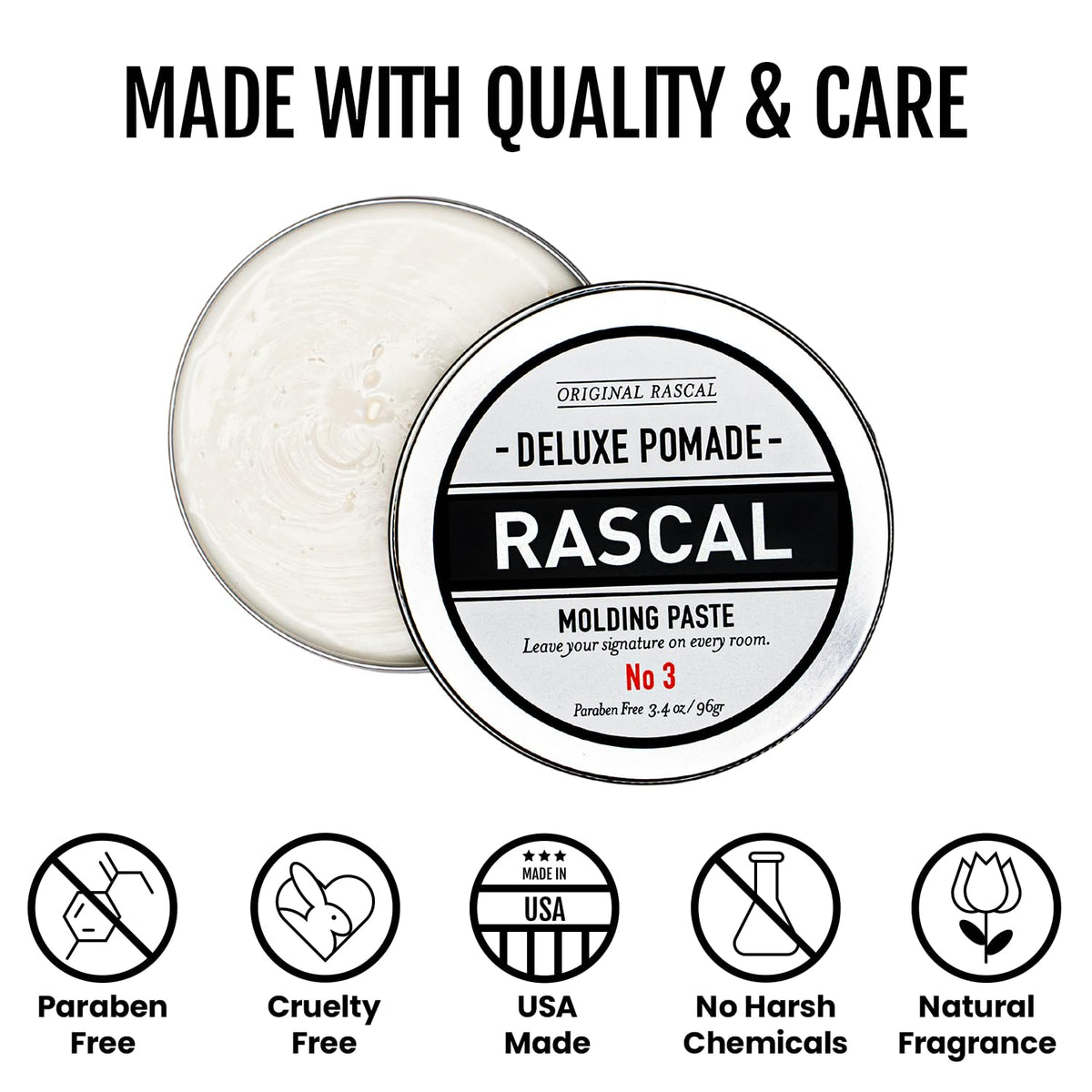 Rascal Deluxe Pomade #3 finish emphasizes frizz control and shine.