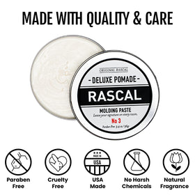 Rascal Deluxe Pomade #3 finish emphasizes frizz control and shine.