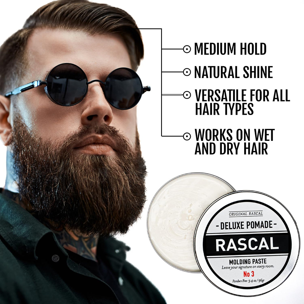 Rascal Deluxe Pomade #3 jar side with clean packaging suitable for travel.