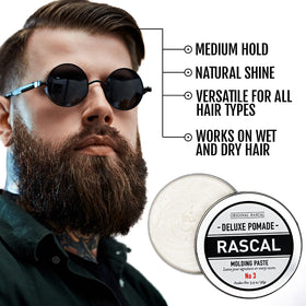Rascal Deluxe Pomade #3 jar side with clean packaging suitable for travel.