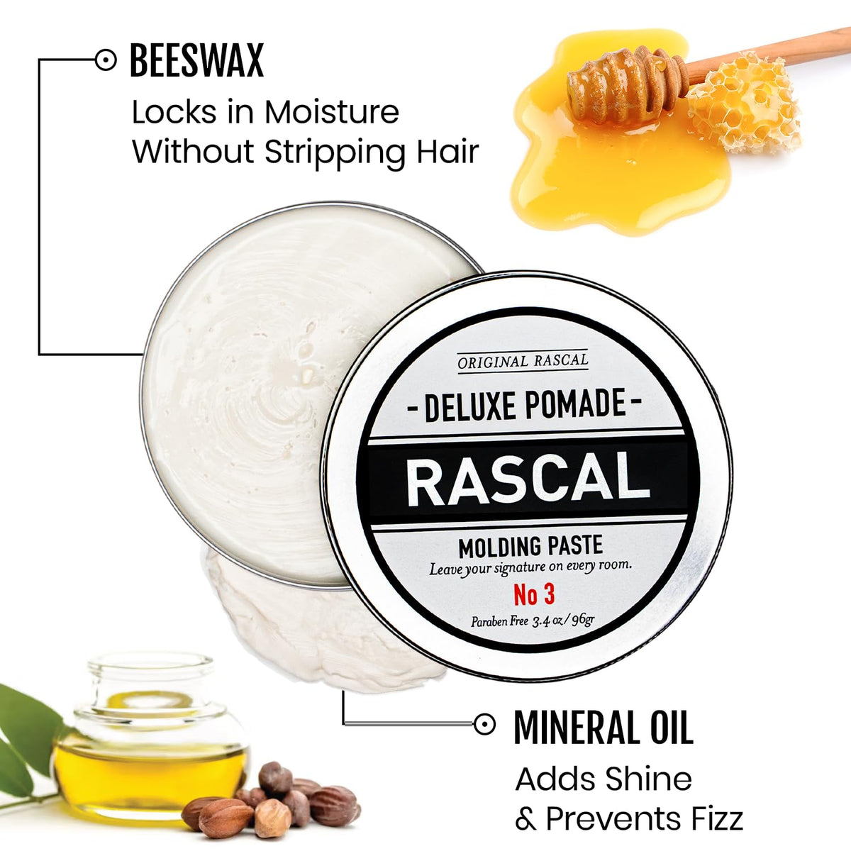 Holding Rascal Deluxe Pomade #3 jar demonstrates easy application and medium hold.