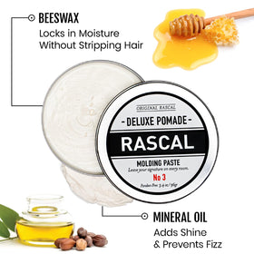Holding Rascal Deluxe Pomade #3 jar demonstrates easy application and medium hold.