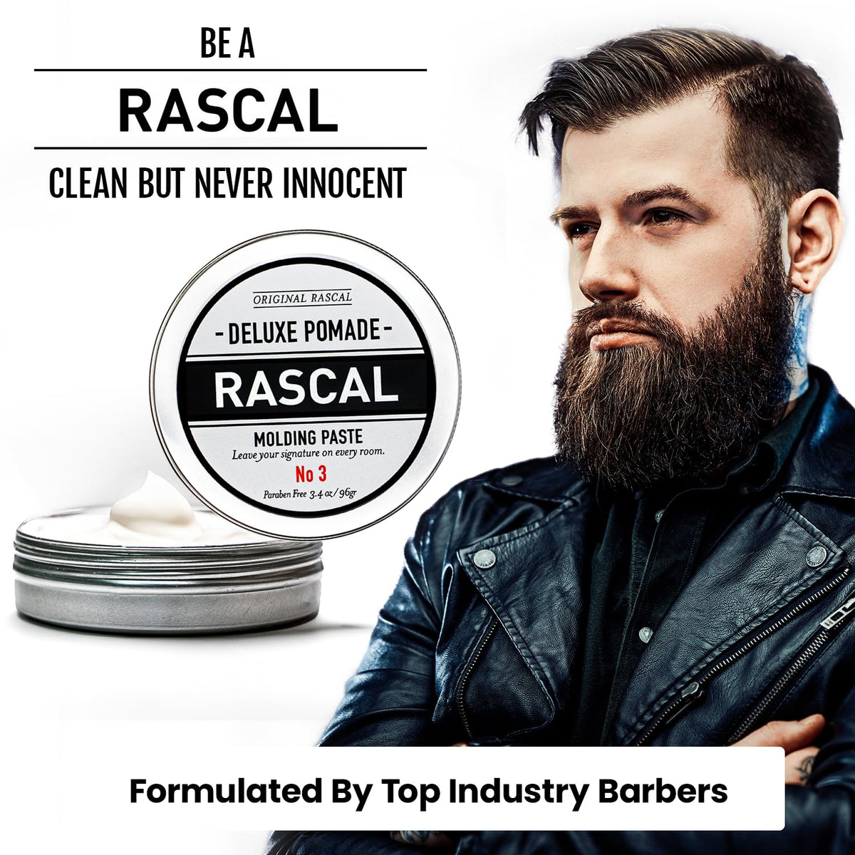 Compact Rascal Deluxe Pomade #3 container highlights travel-friendly design.