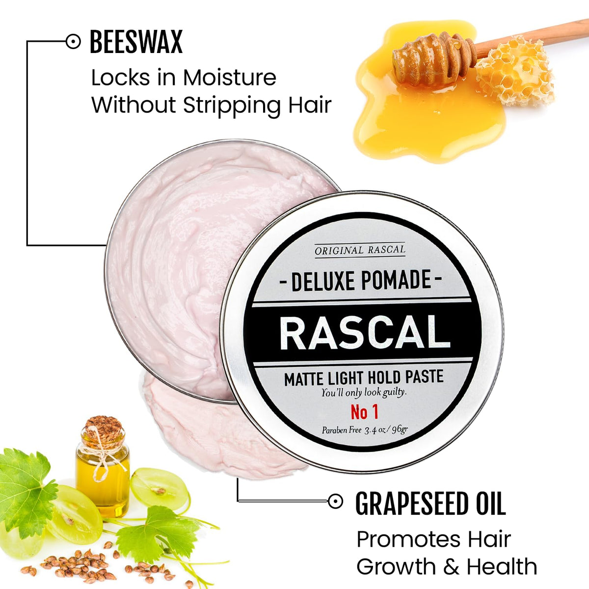 Rascal Deluxe Pomade being applied to hair for flexible, matte hold