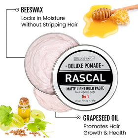 Rascal Deluxe Pomade being applied to hair for flexible, matte hold