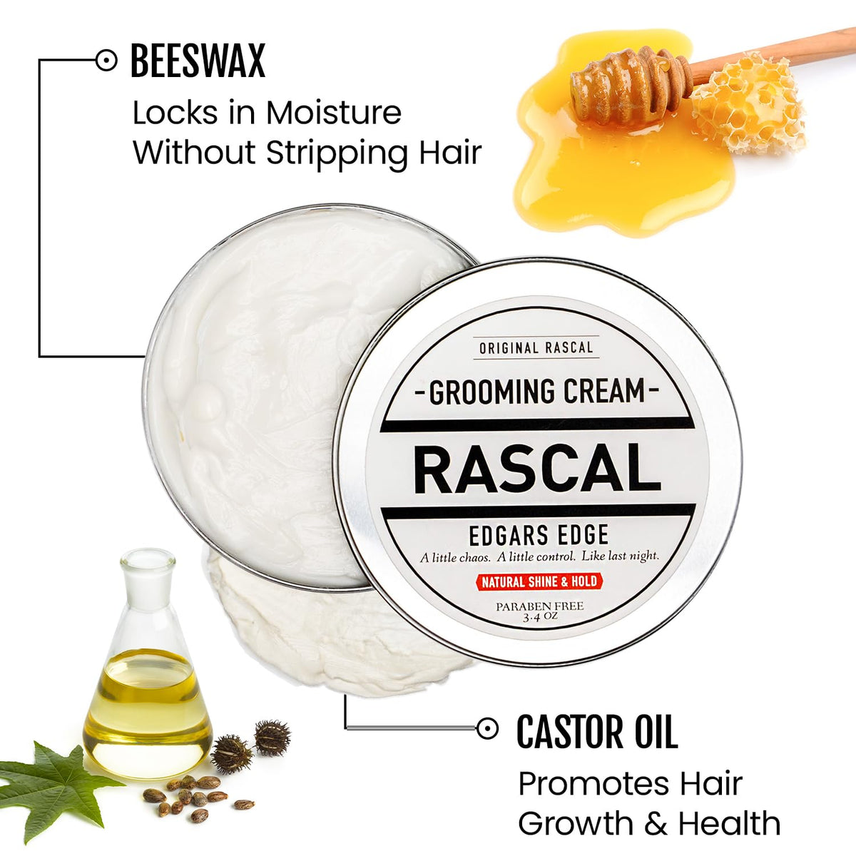 Hands applying Rascal grooming cream for flexible, day-long styling.