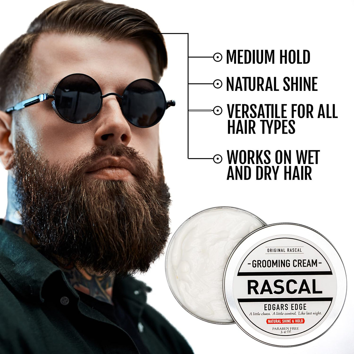 Rascal Edgar's Edge label highlights clean, paraben-free formula and cruelty-free care.