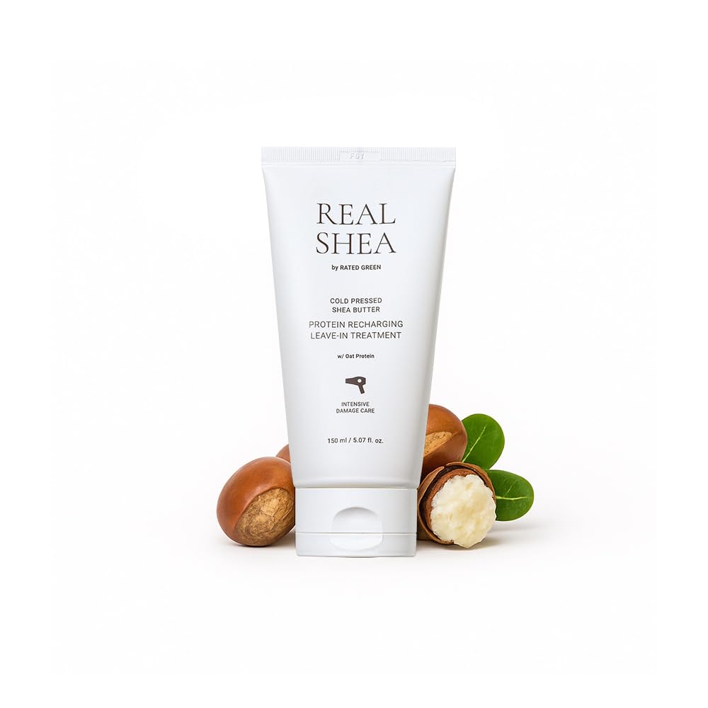 RATED GREEN Real Shea Protein Recharge bottle shown for deep conditioning on dry hair