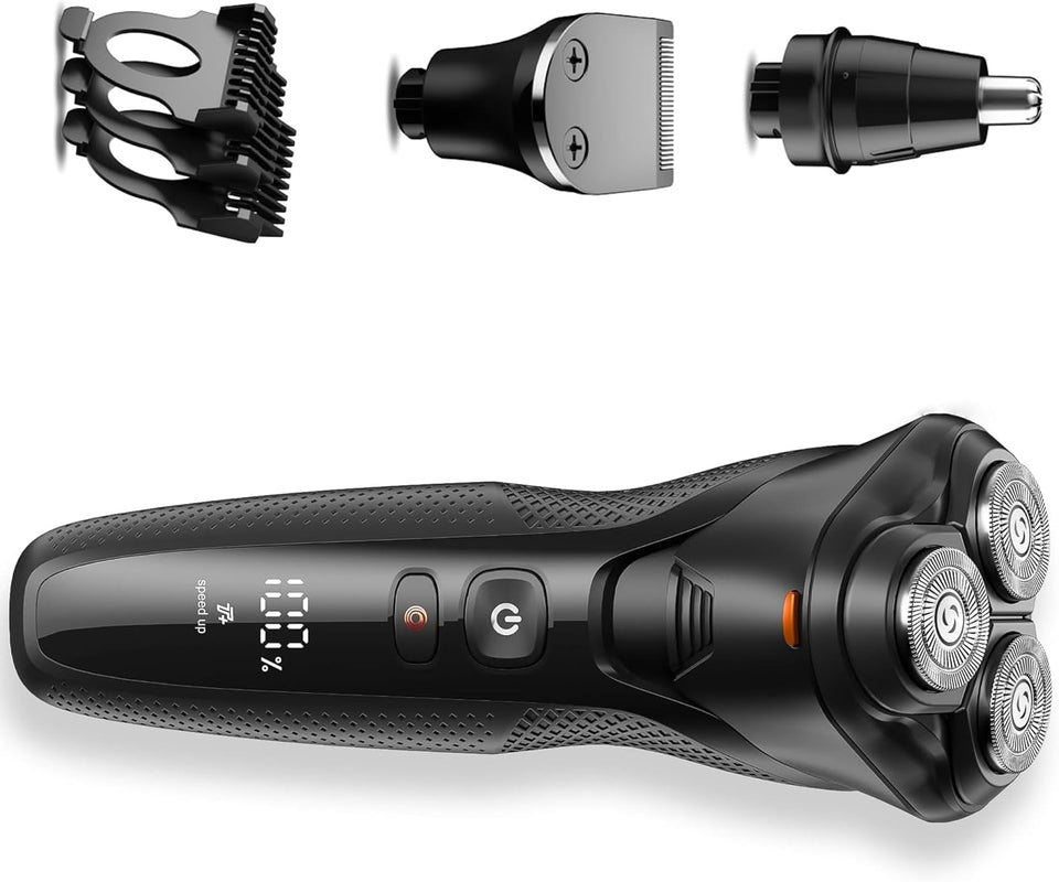 Rategist cordless electric razor showing precise beard and nose trimming for on-the-go grooming