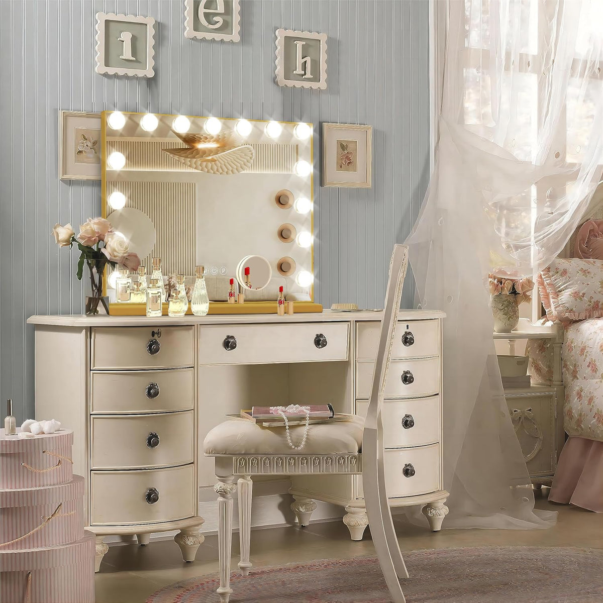 Ratsamee gold vanity mirror with 15 bulbs for bright, shadow-free illumination