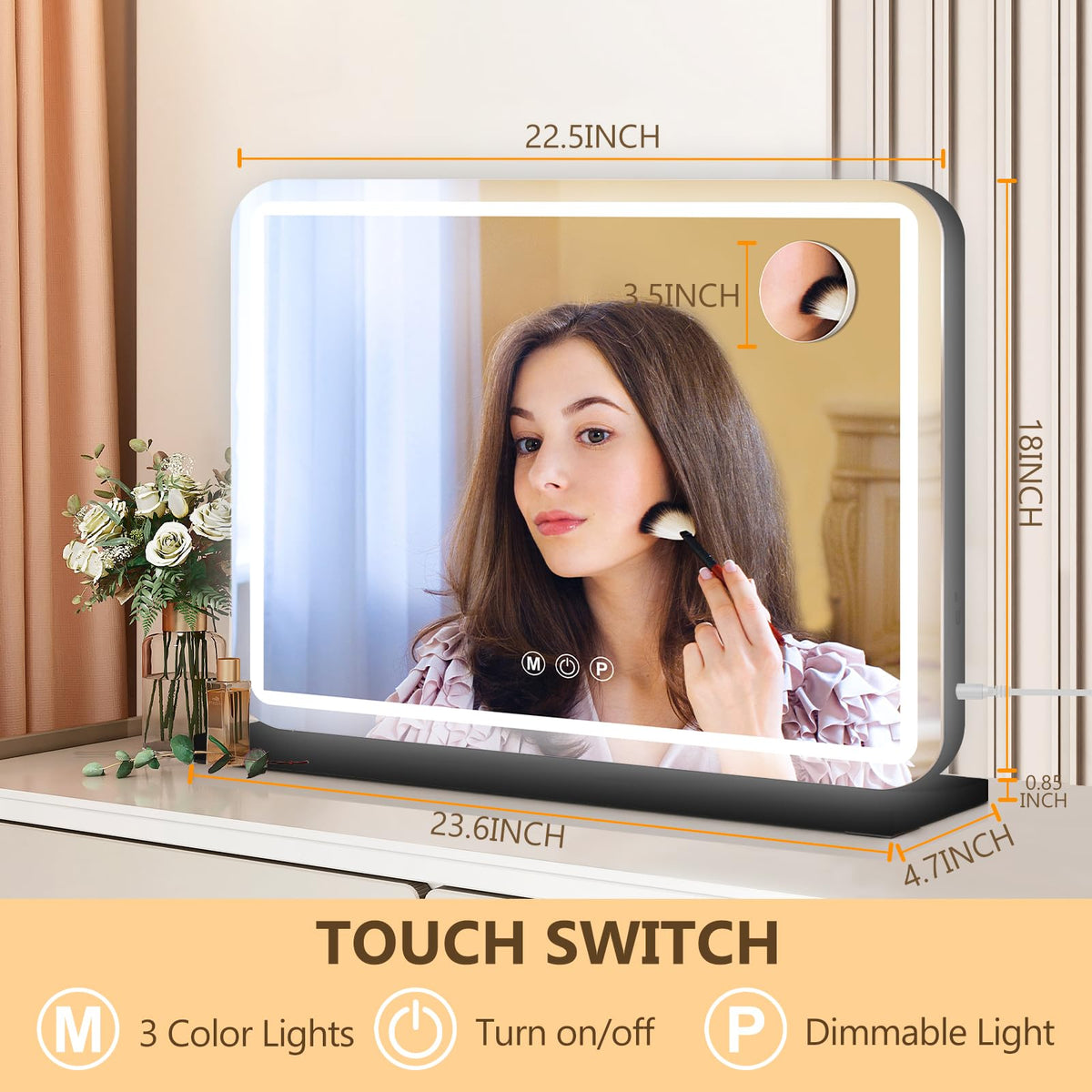 Ratsamee LED makeup mirror showing three color temperatures for accurate lighting.