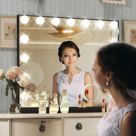 Ratsamee vanity mirror features a USB charging port for devices during routines