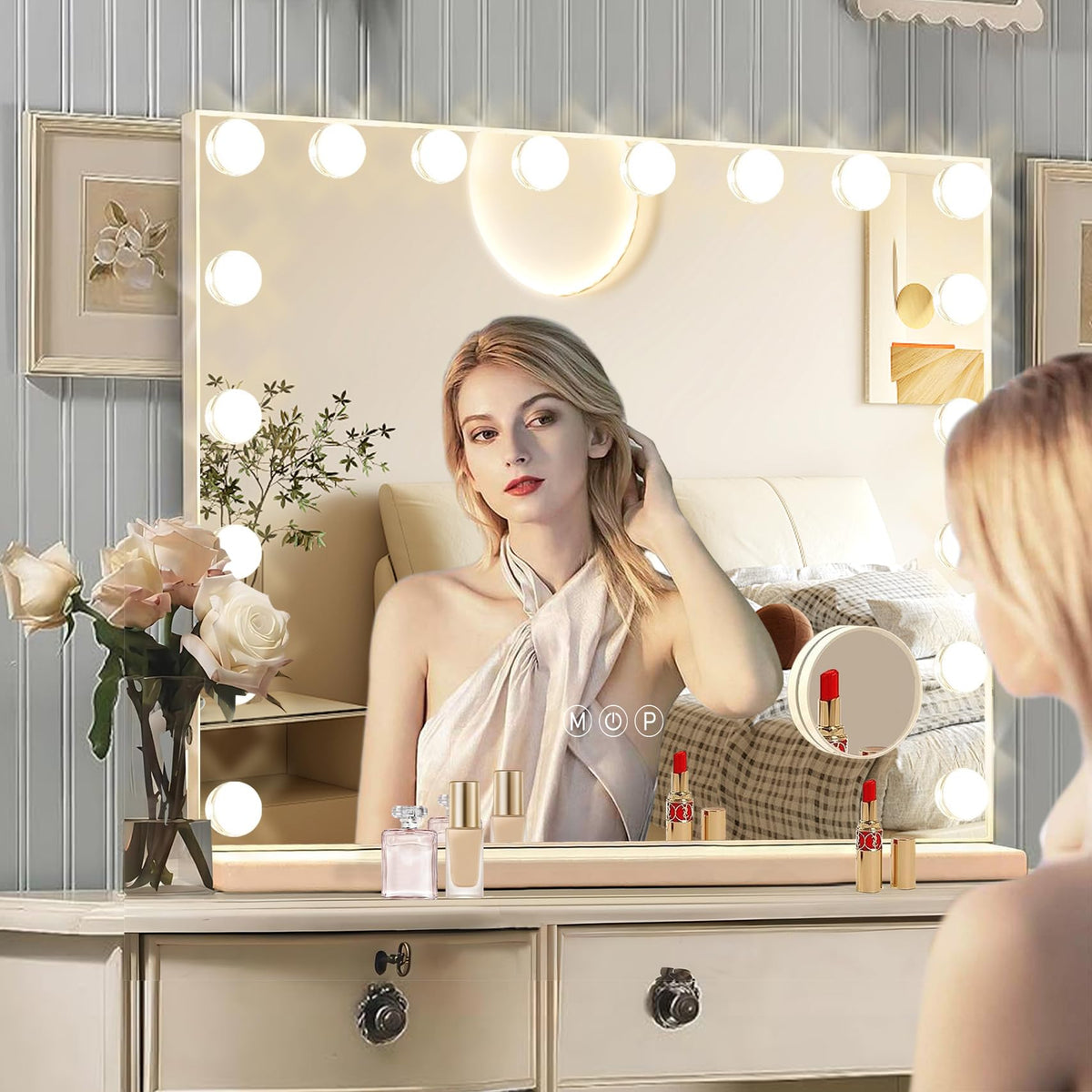 Ratsamee vanity mirror with USB port keeps devices charged while you get ready.