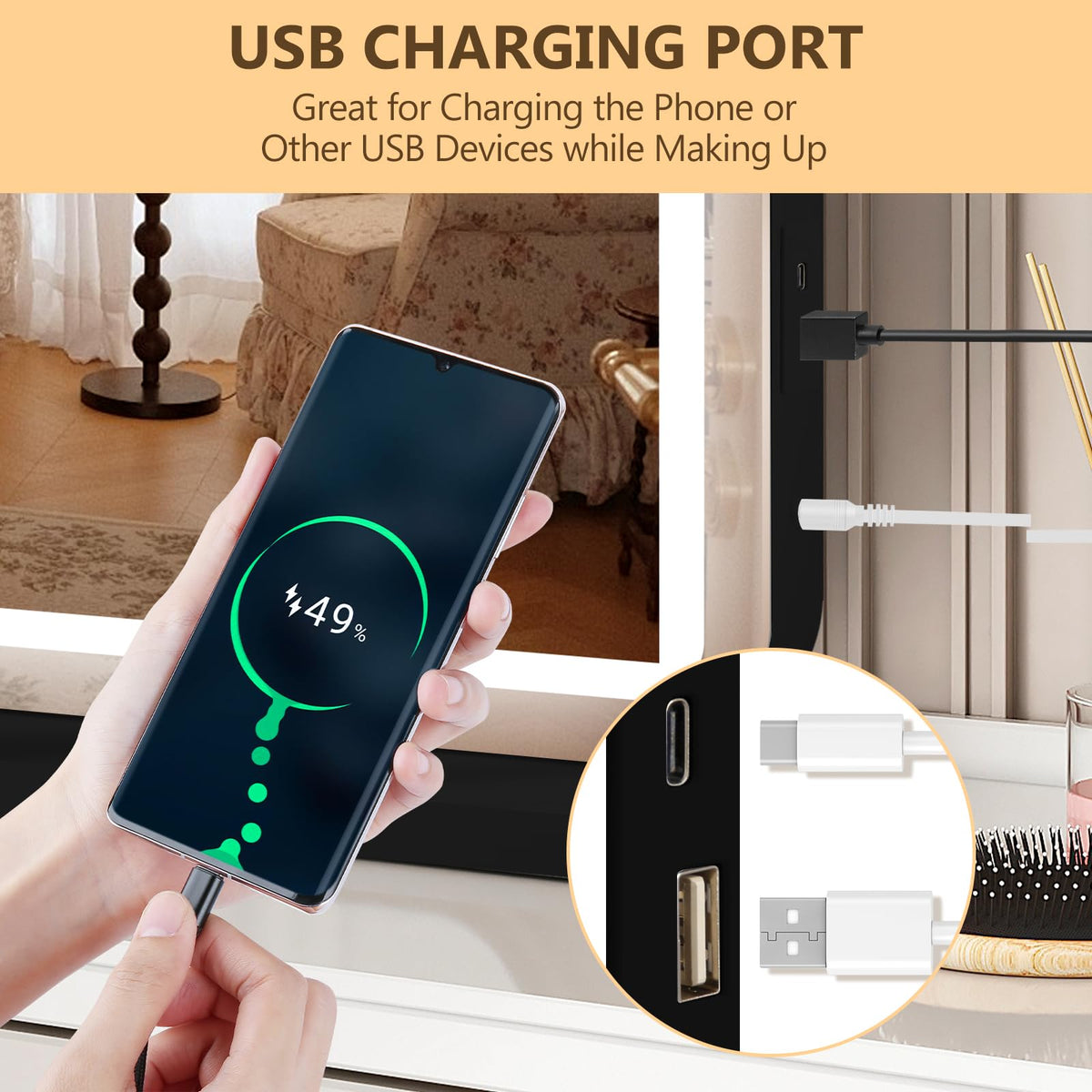 Ratsamee vanity mirror USB-C port for convenient device charging.