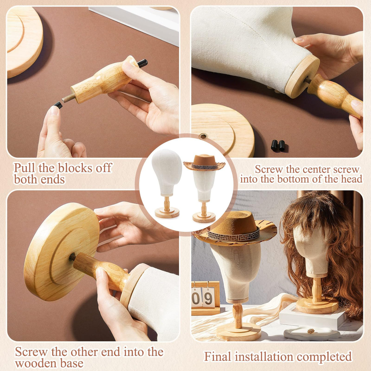 RattanView beige canvas mannequin head for hats and wigs.
