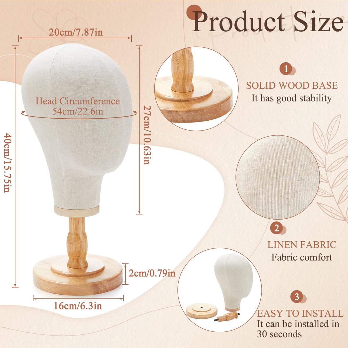 RattanView linen mannequin head 23 inch for realistic wig styling.