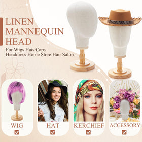 RattanView wig head on solid wooden stand for reliable display.