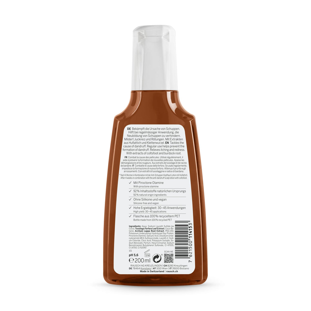 RAUSCH Coltsfoot Anti-Dandruff Shampoo bottle side profile shows easy daily use.