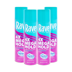 Rave 4X Mega Scented hairspray bottle showing all-weather hold and conditioning.