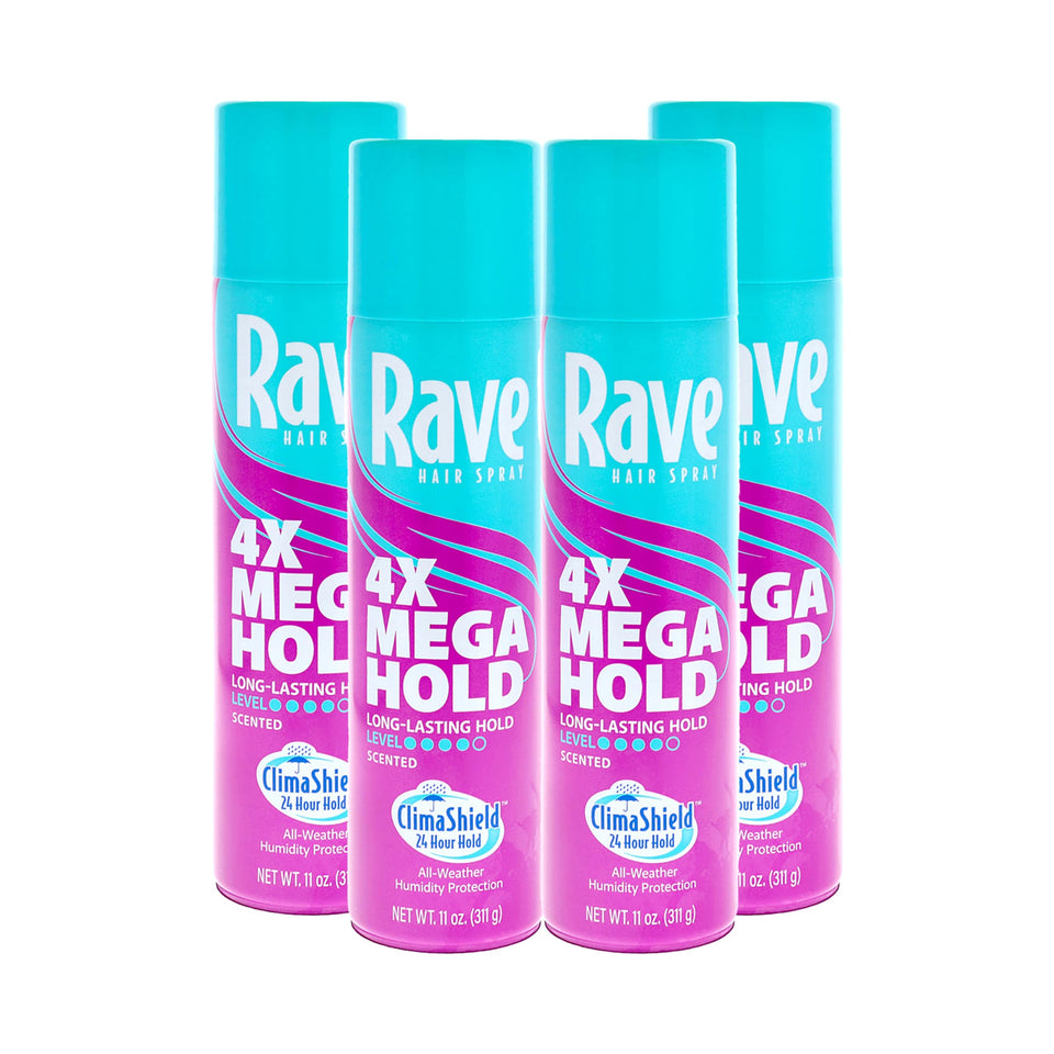 Rave 4X Mega Scented hairspray bottle showing all-weather hold and conditioning.