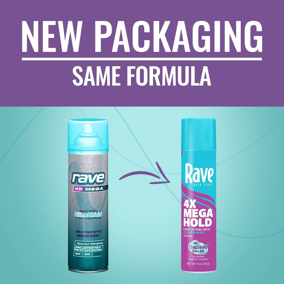 Rave 4X Mega hairspray nozzle for even distribution and flexible hold.