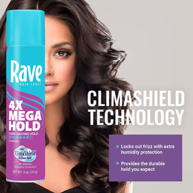 Rave 4X spray demonstrates frizz control and smooth finish.