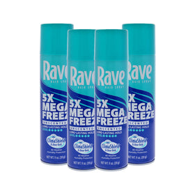 Rave 5X Mega Freeze unscented hairspray can ready to deliver long-lasting hold