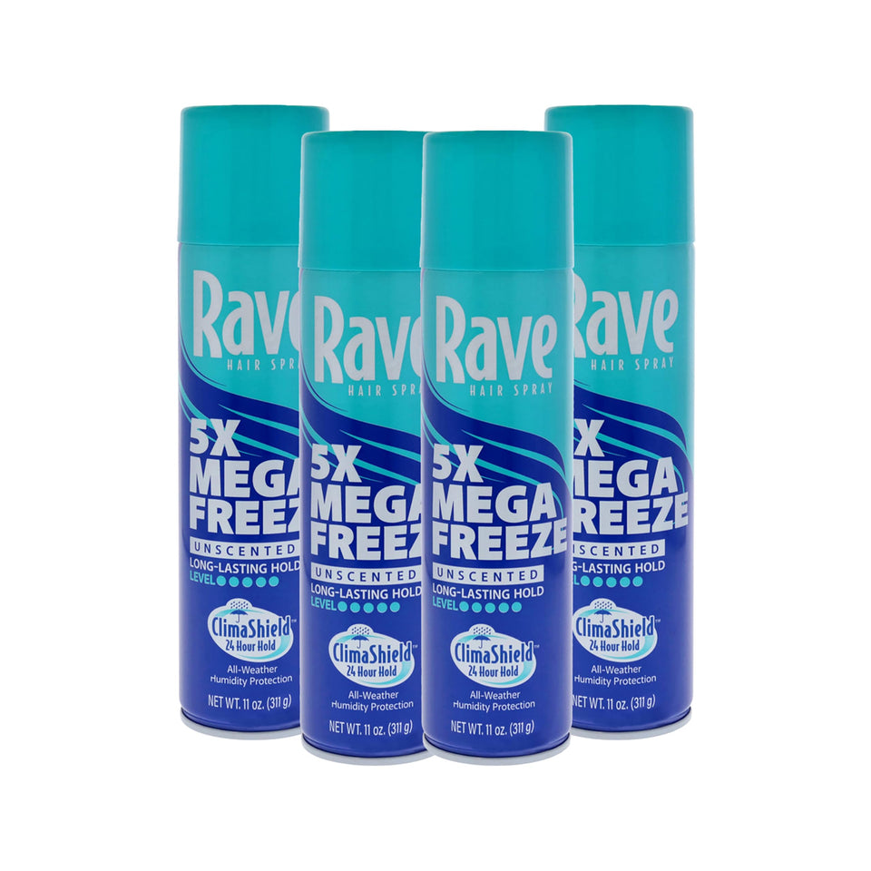 Rave 5X Mega Freeze unscented hairspray can ready to deliver long-lasting hold
