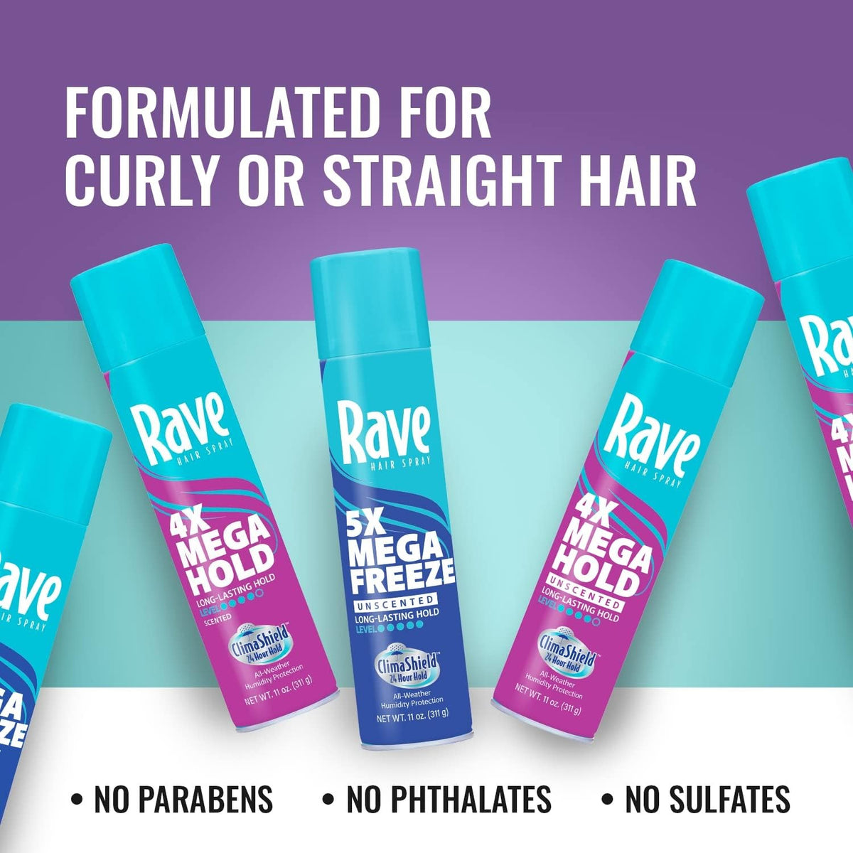 Rave 5X Mega Freeze bottle with clean, parabens-free label