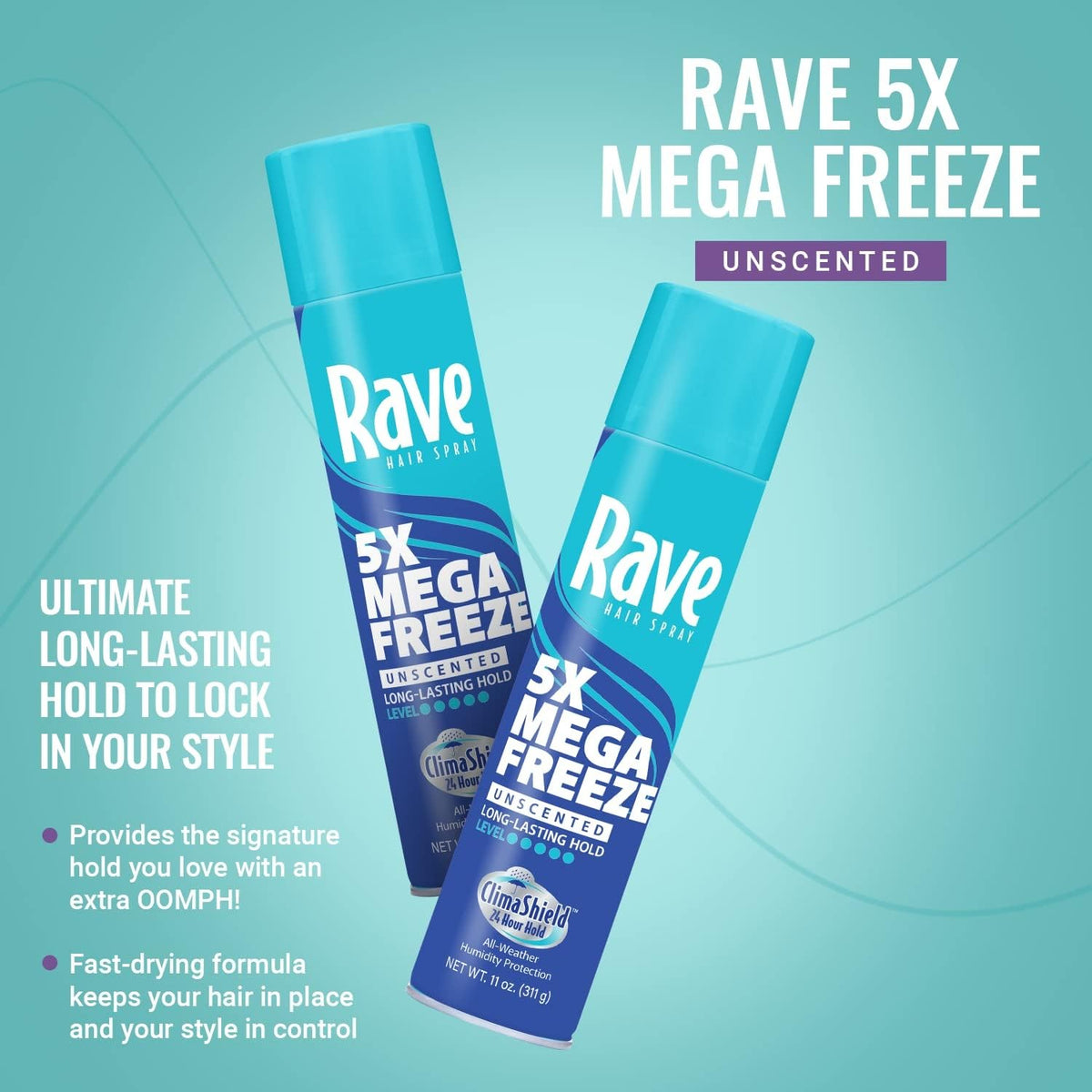 Close-up of Rave 5X Mega Freeze unscented hairspray formula drying fast