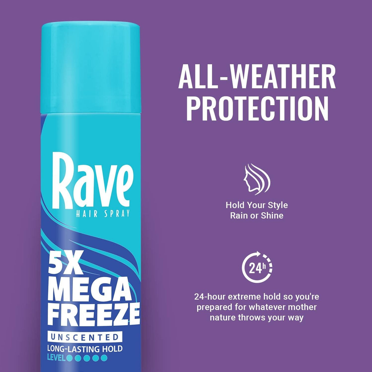 Rave 5X Mega Freeze bottle showing shine-enhancing effect on hair