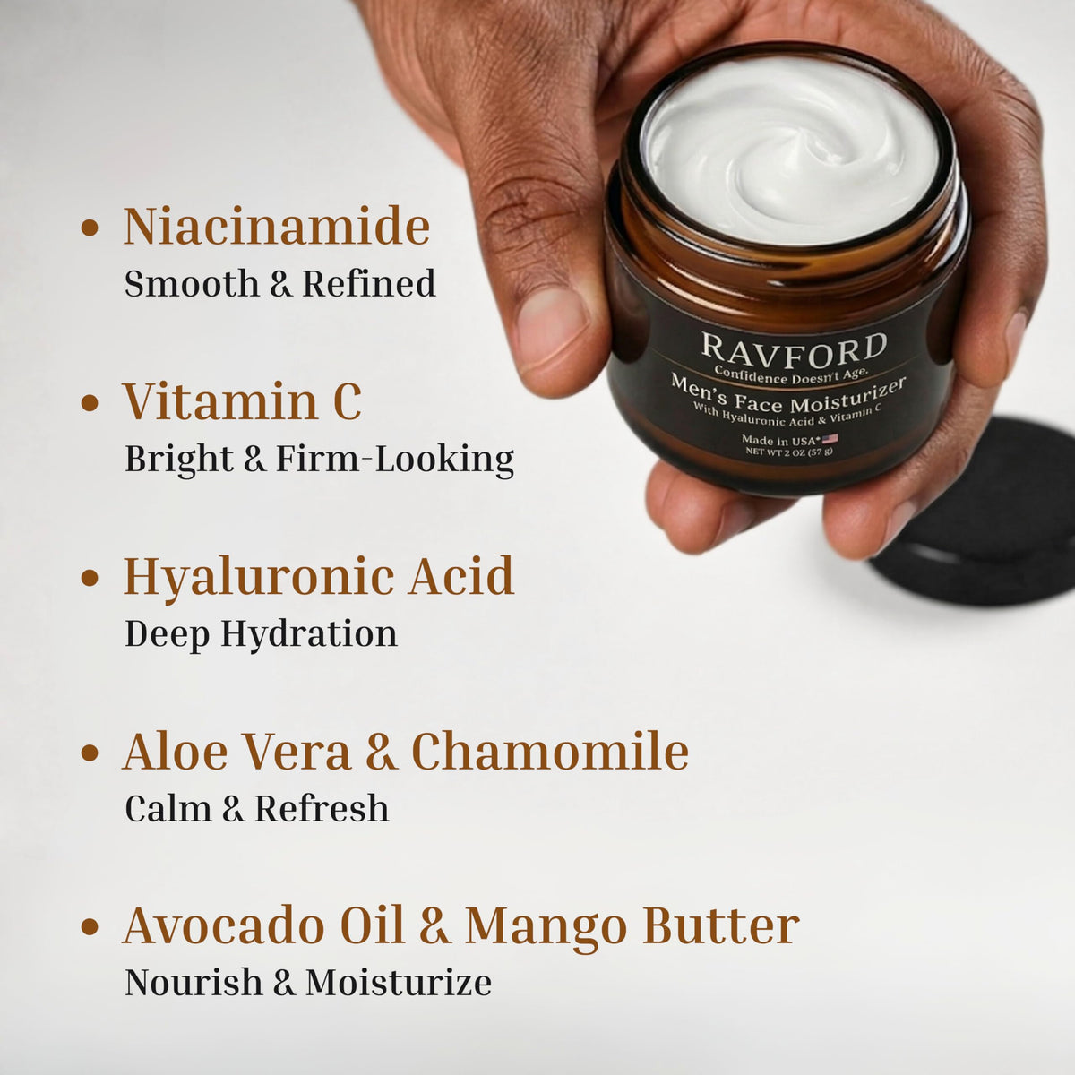 RAVFORD Hyaluronic acid hydration for lasting moisture across the day.