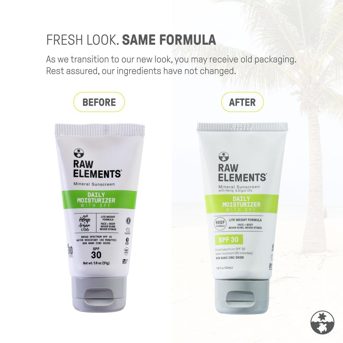 Raw Elements SPF 30 label closeup highlights non-nano zinc oxide.