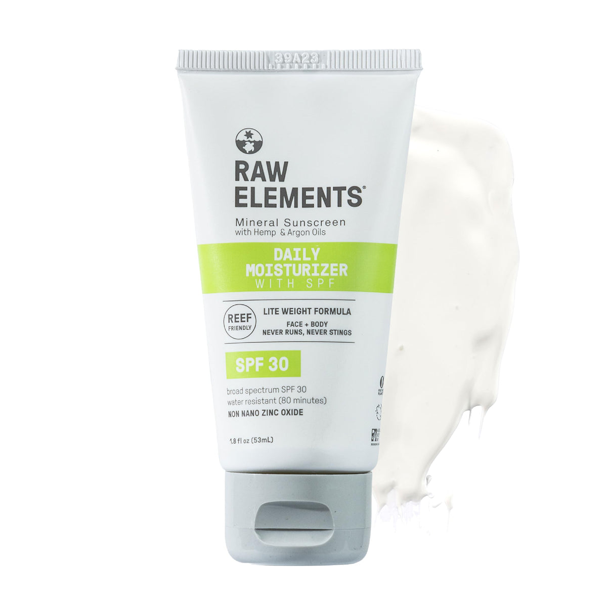 Raw Elements Daily Moisturizer SPF 30 tube front showing reef-safe protection.