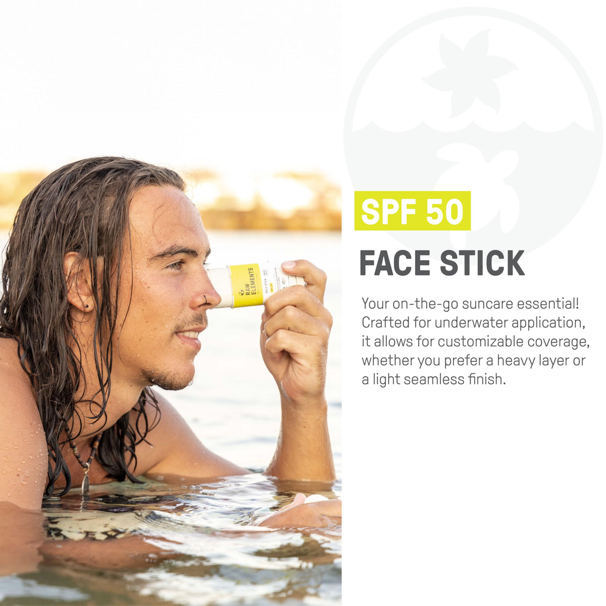 Raw Elements Face Stick SPF 50 reef-safe formula protects skin without harming marine life