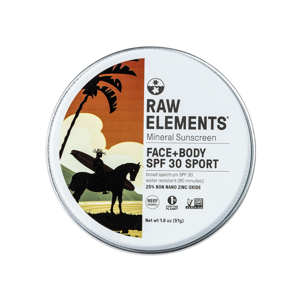 Raw Elements Mike Fields sunscreen tin packaging showcases vibrant art for travel-friendly sun protection.