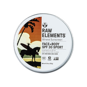 Raw Elements Mike Fields sunscreen tin packaging showcases vibrant art for travel-friendly sun protection.