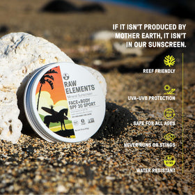 Raw Elements reef-safe formulation safeguards coral ecosystems while providing broad-spectrum coverage.