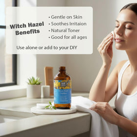 Close-up of RAW MATERIALS Witch Hazel Distillate bottle cap highlighting alcohol-free formula