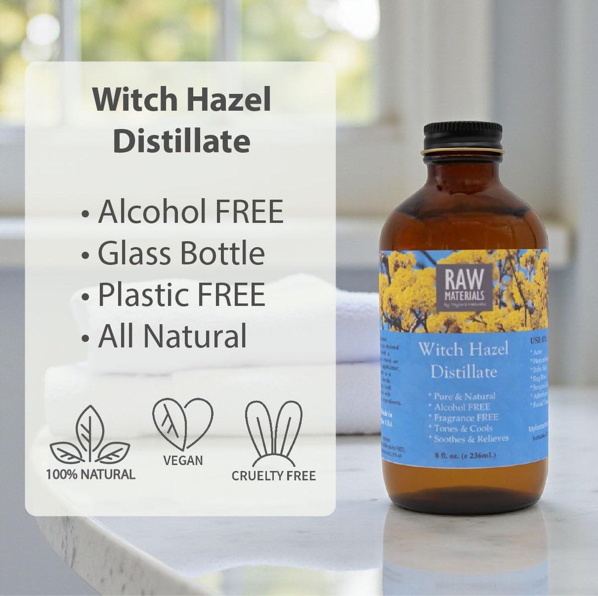 Applying RAW MATERIALS Witch Hazel Distillate to facial skin for cleansing and toning