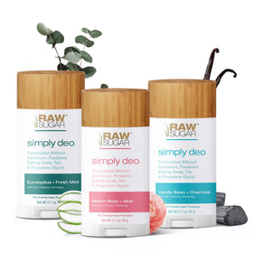 RAW SUGAR Simply Deo variety pack with three aluminum-free deodorant sticks for lasting freshness