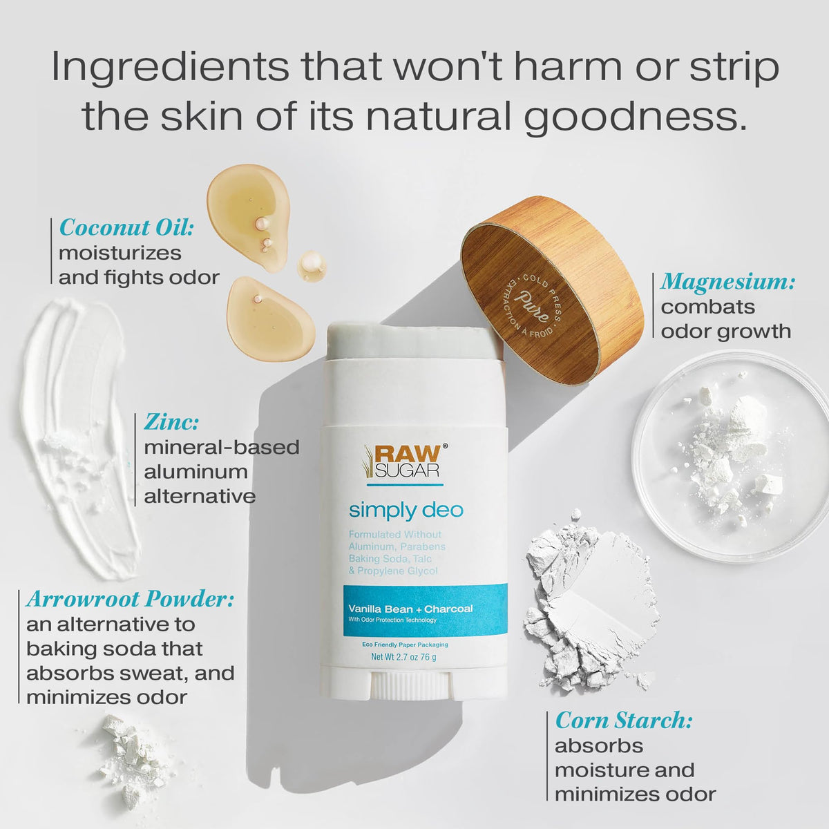 RAW SUGAR Deodorant Stick Vanilla Bean Charcoal Scent provides long-lasting fragrance