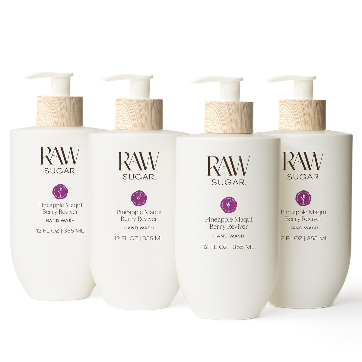 RAW SUGAR Pineapple Maqui Berry hand wash bottle on shelf for a refreshing cleanse