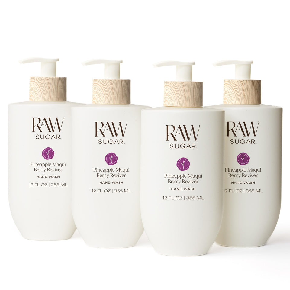 RAW SUGAR Pineapple Maqui Berry hand wash bottle on shelf for a refreshing cleanse