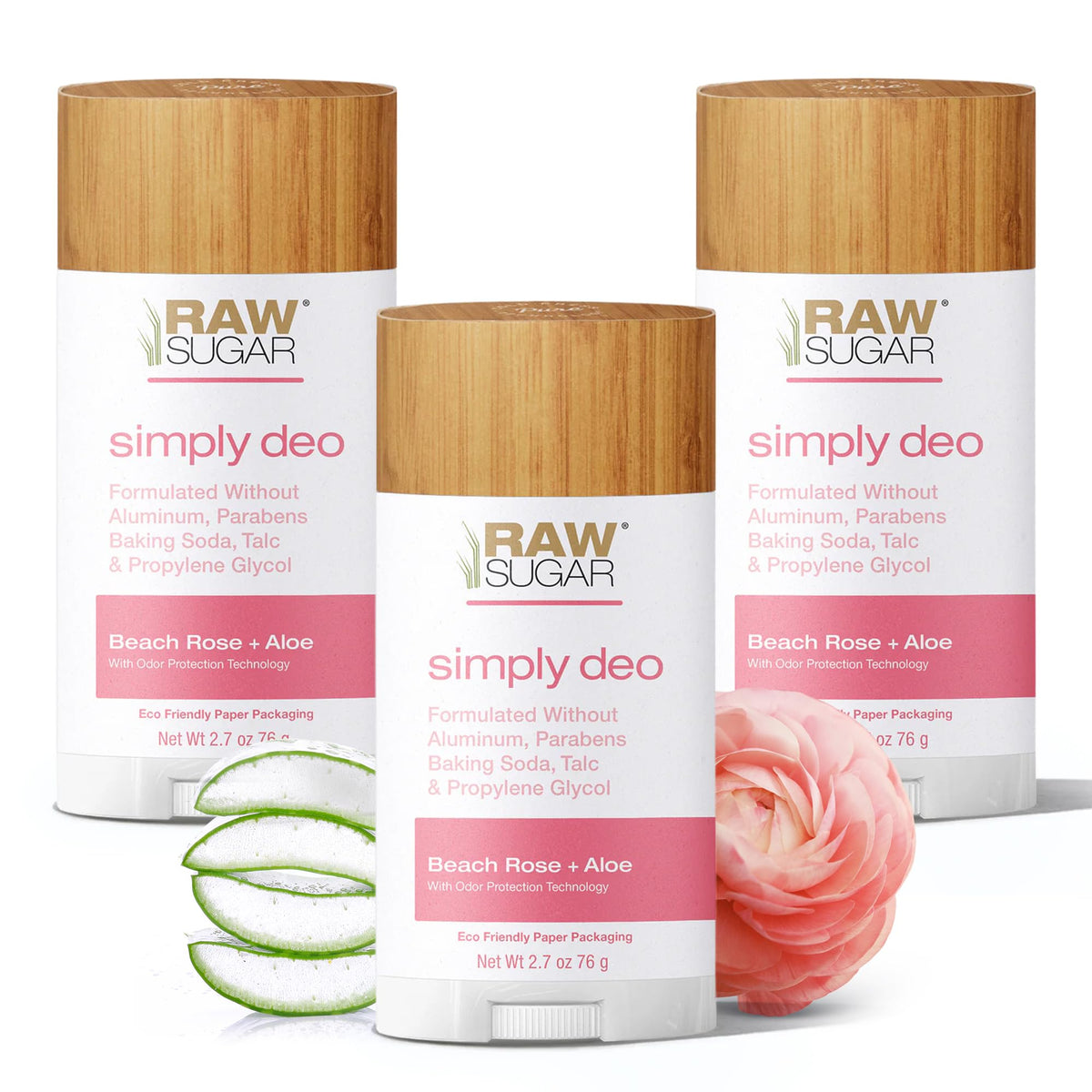 RAW SUGAR Simply Deo 3-Pack Beach Rose packaging shows aluminum-free freshness for daily wear