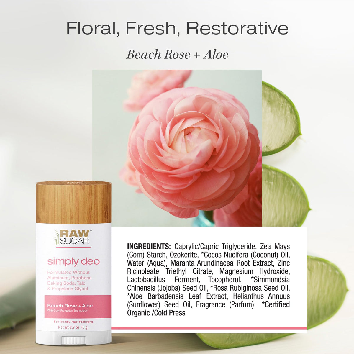 RAW SUGAR Simply Deo bundle photographed with fragrance notes for rose and aloe