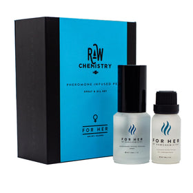 RawChemistry For Her elegance bottle front showing pheromone-infused fragrance