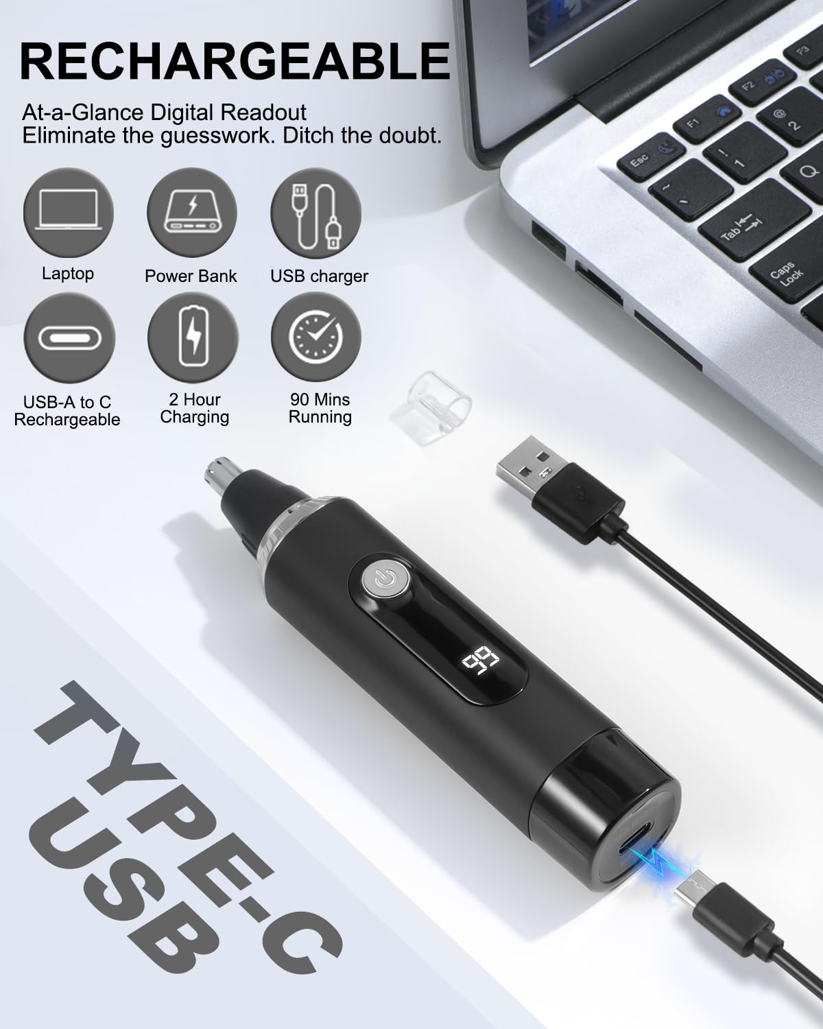 RAXMETRY trimmer with LED display shows battery level for planning sessions.